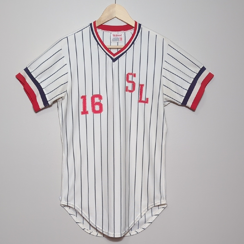 Vtg 70s 80s Wilson Baseball Uniform Jersey Pinstripe White Blue Red 16 USA SMALL - Picture 2 of 15
